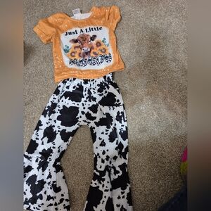 Orange Graphic Tee and Cow Print Pants Set